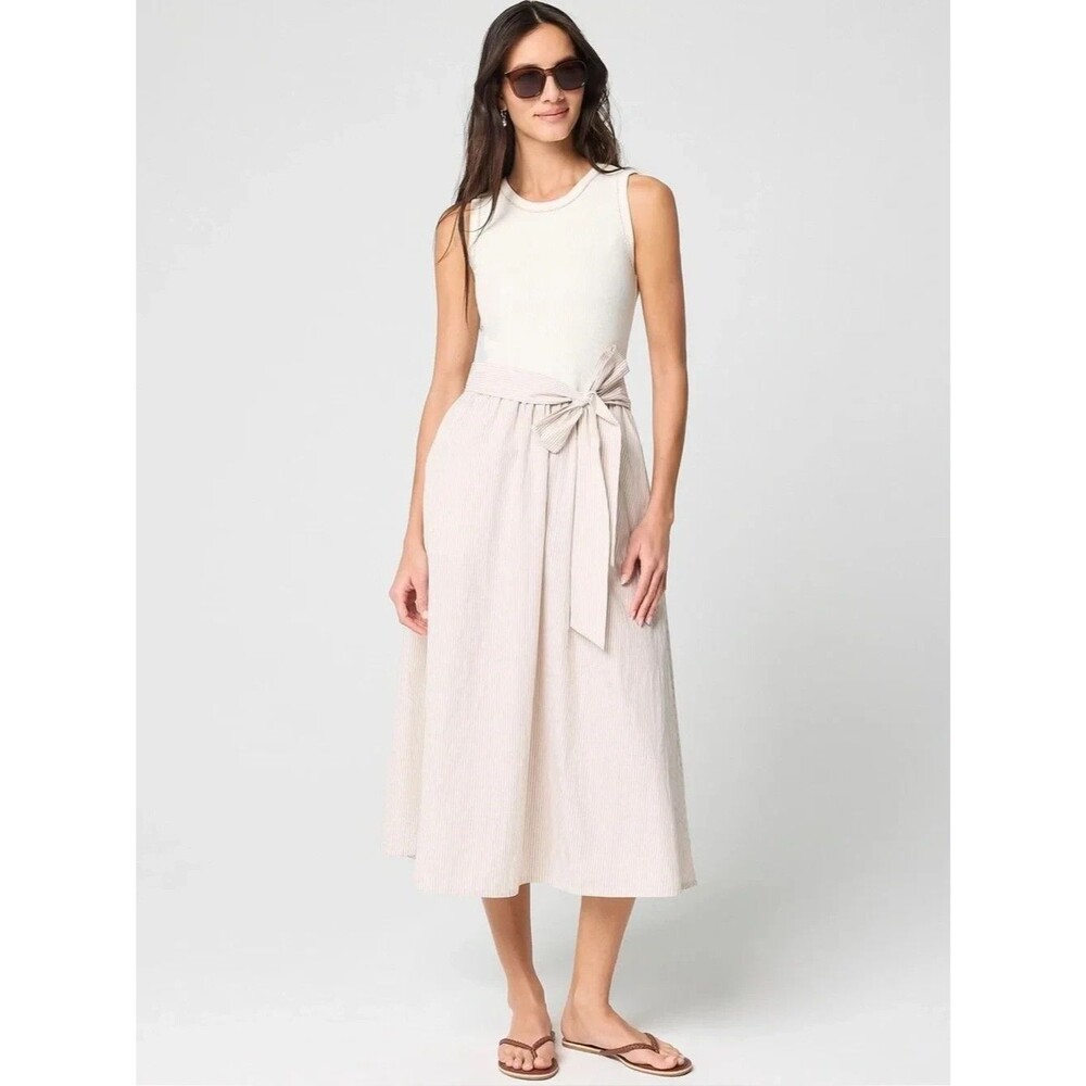 J.CREW Tie-Waist Mixed Media Midi Dress M Light Khaki White Pockets NWT B16